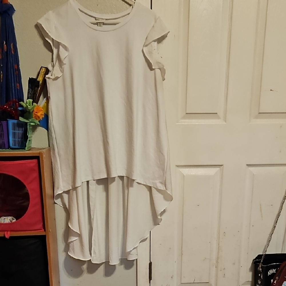 Cato Cream Asymmetrical Ruffled Cap Sleeve Tunic